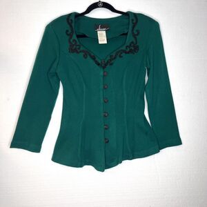 Elisse Vintage Green Black Applique Structured Cardigan Jacket size 5/6